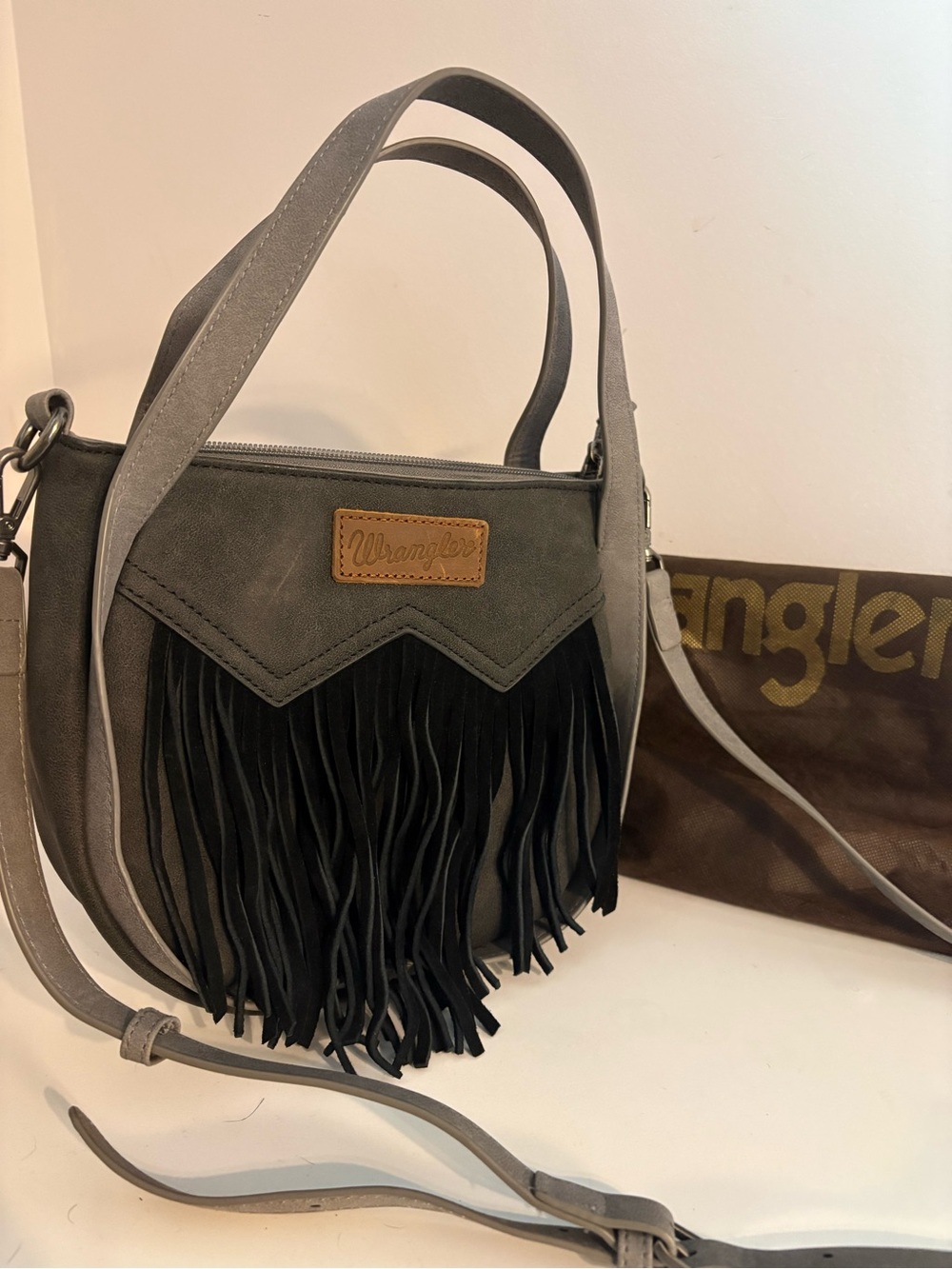 Wrangler Gray and Black Fringe Crossbody Bag